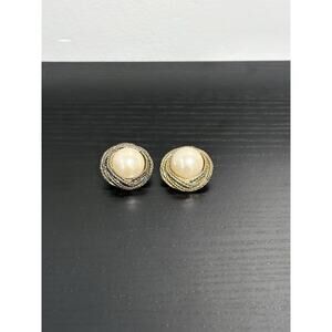 Vintage 80s Gold-Toned Faux Pearl Round Rope Twist Clip-On Earrings